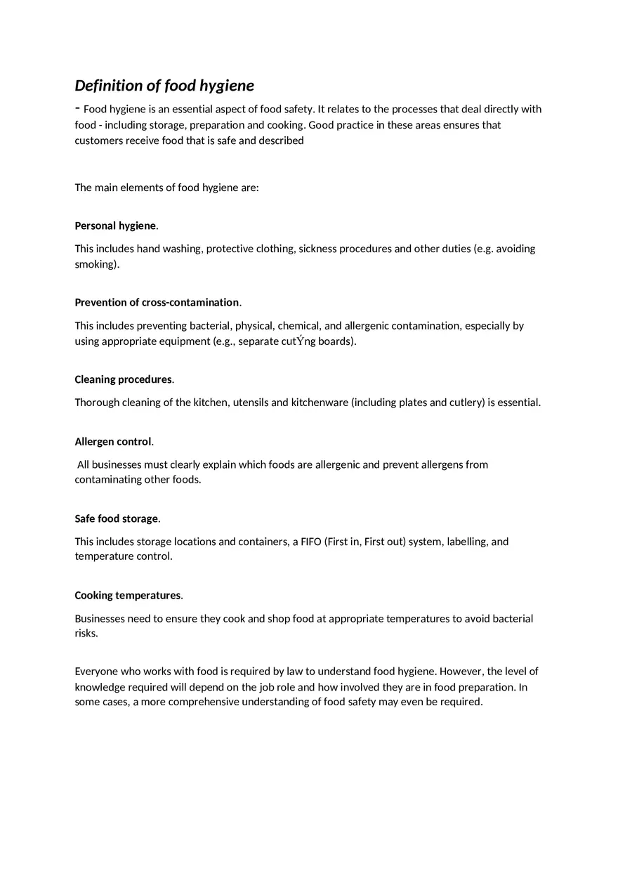 Definition of Food Hygiene and Food Flow - Page 1