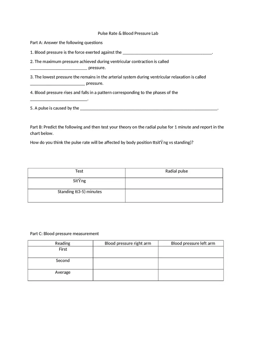 Blood Pressure and Pulse Worksheet - Page 1