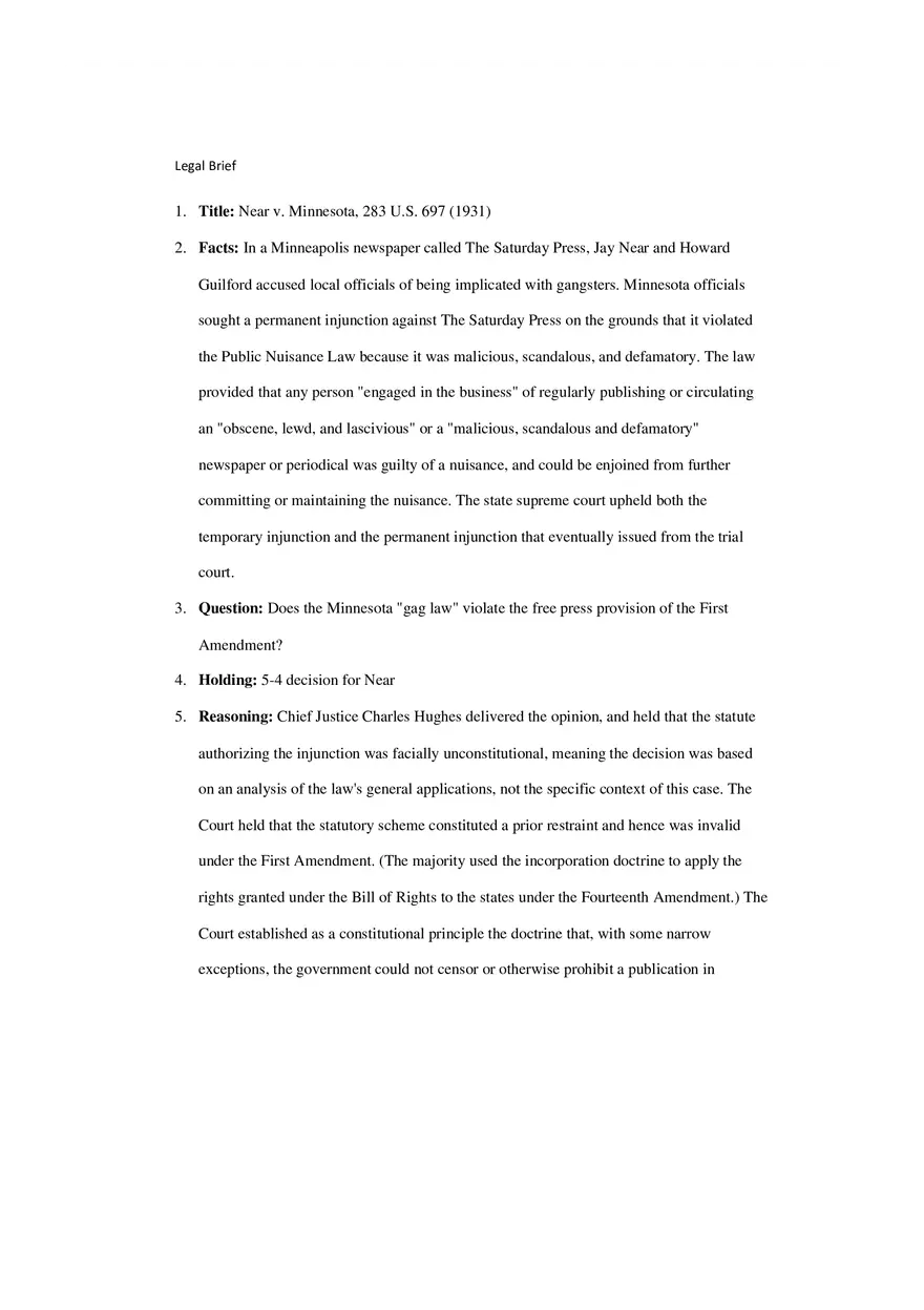 Near v Minnesota - Legal Brief - Page 1