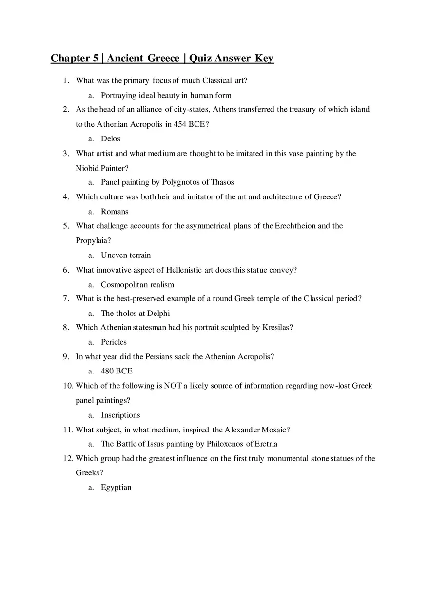 Ancient Greece Quiz Answer Key - Page 1