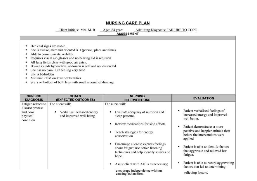 Care Plan - Her Vital Signs are Stable - Page 1