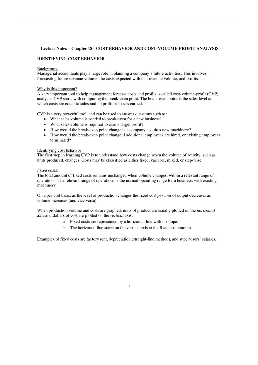 Cost Behavior and Cost-Volume-Profit Analysis - Lecture Notes - Page 1