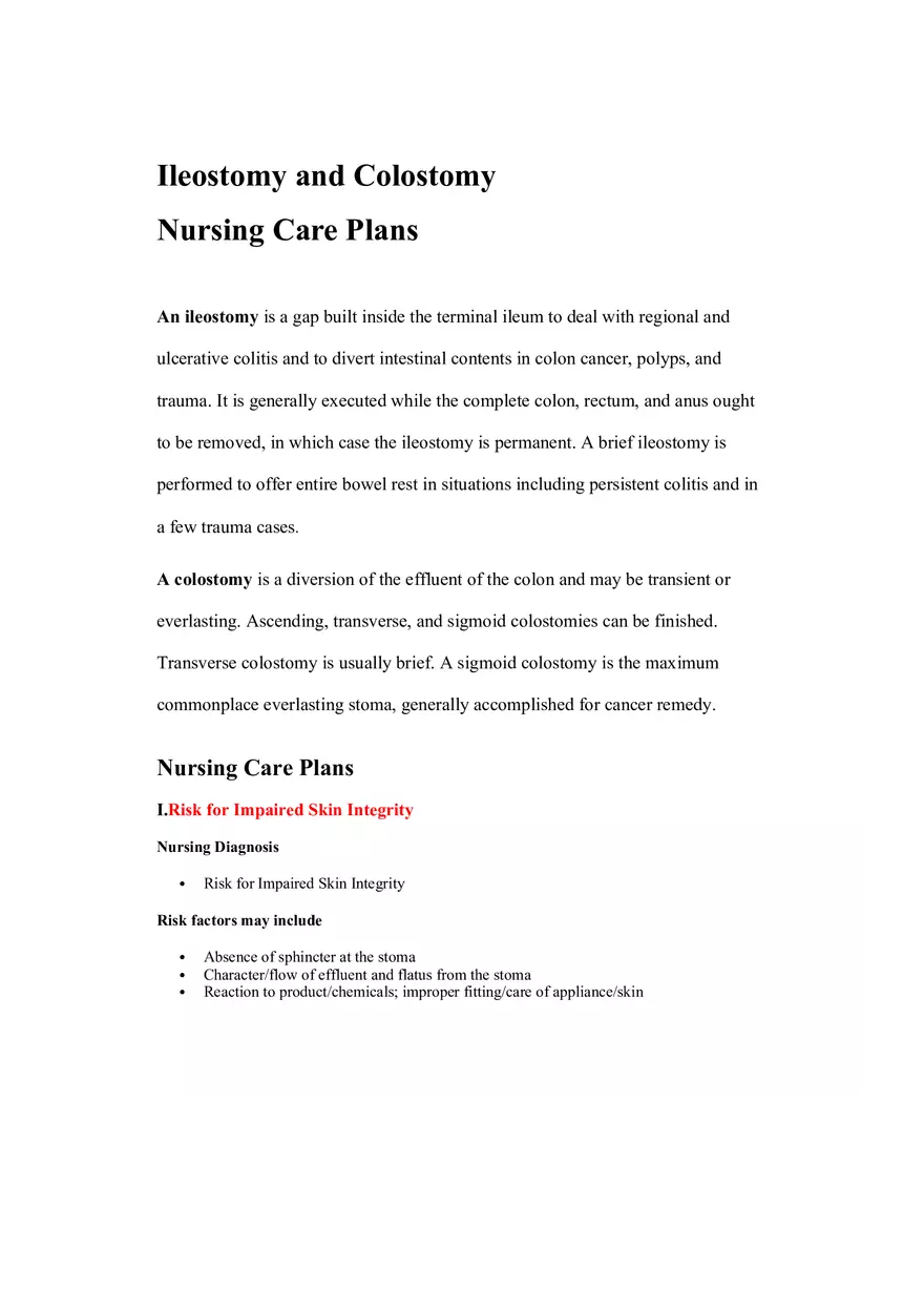 Care Plan On Ileostomy and Colostomy - Page 1
