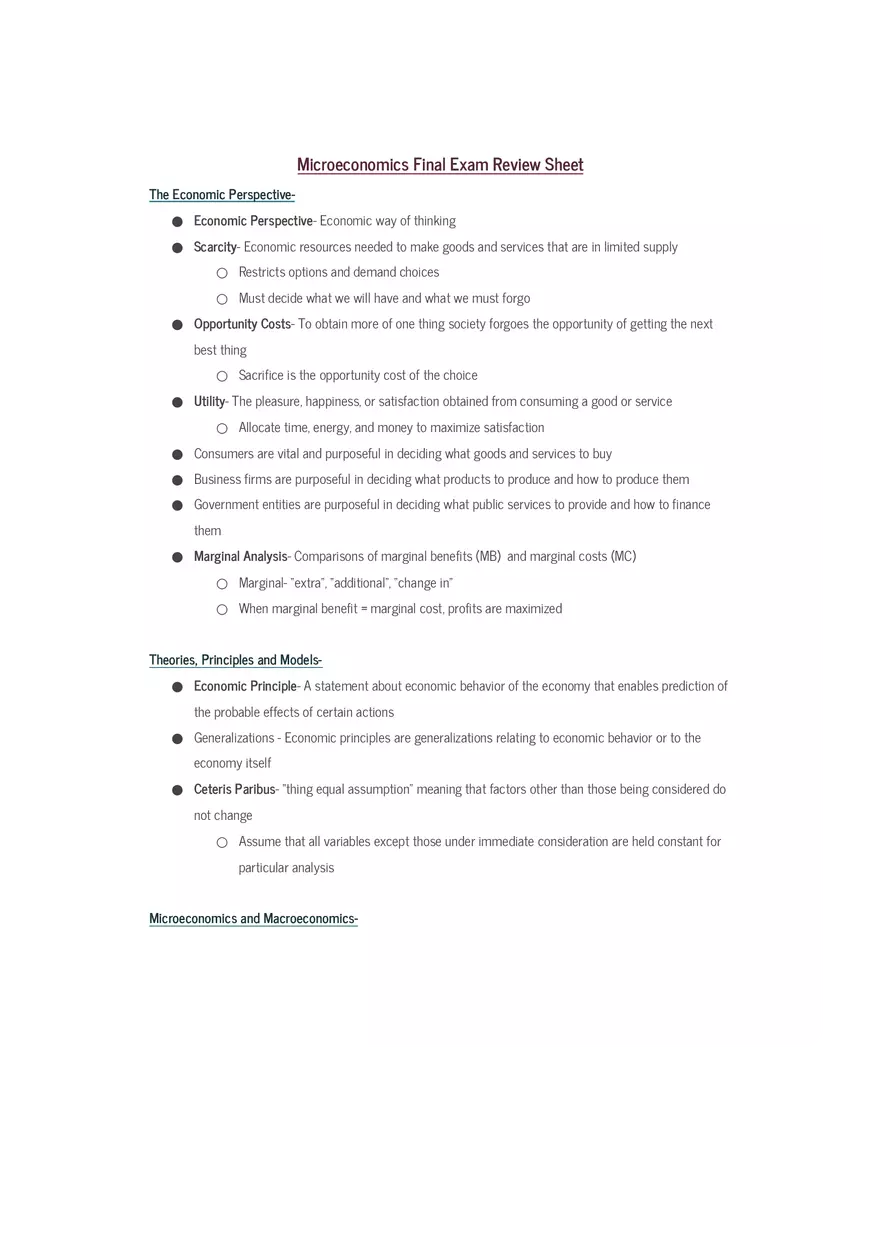 Microeconomics Final Exam Review Sheet Part 1 - Page 1