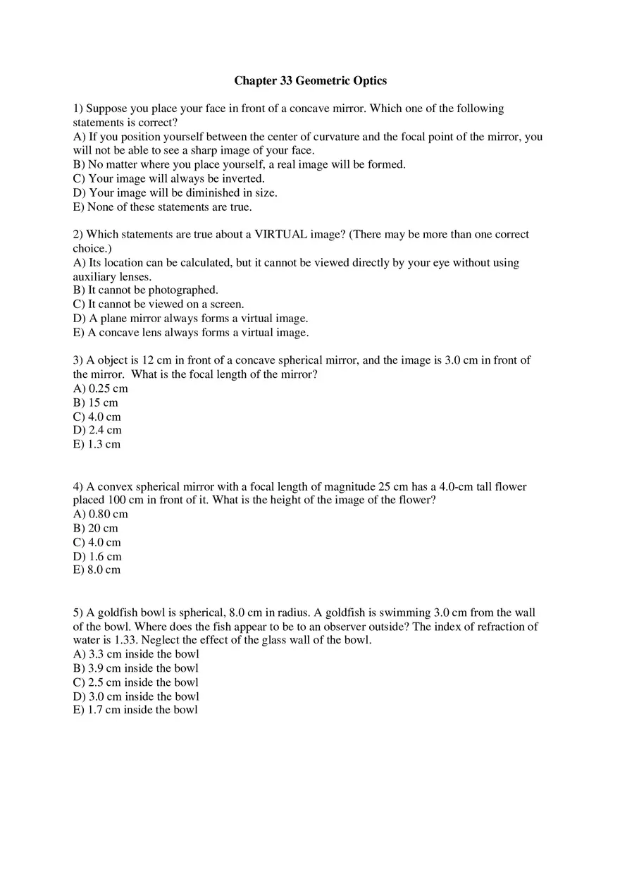 Geometric Optics Fourth Assignment Questions - Page 1