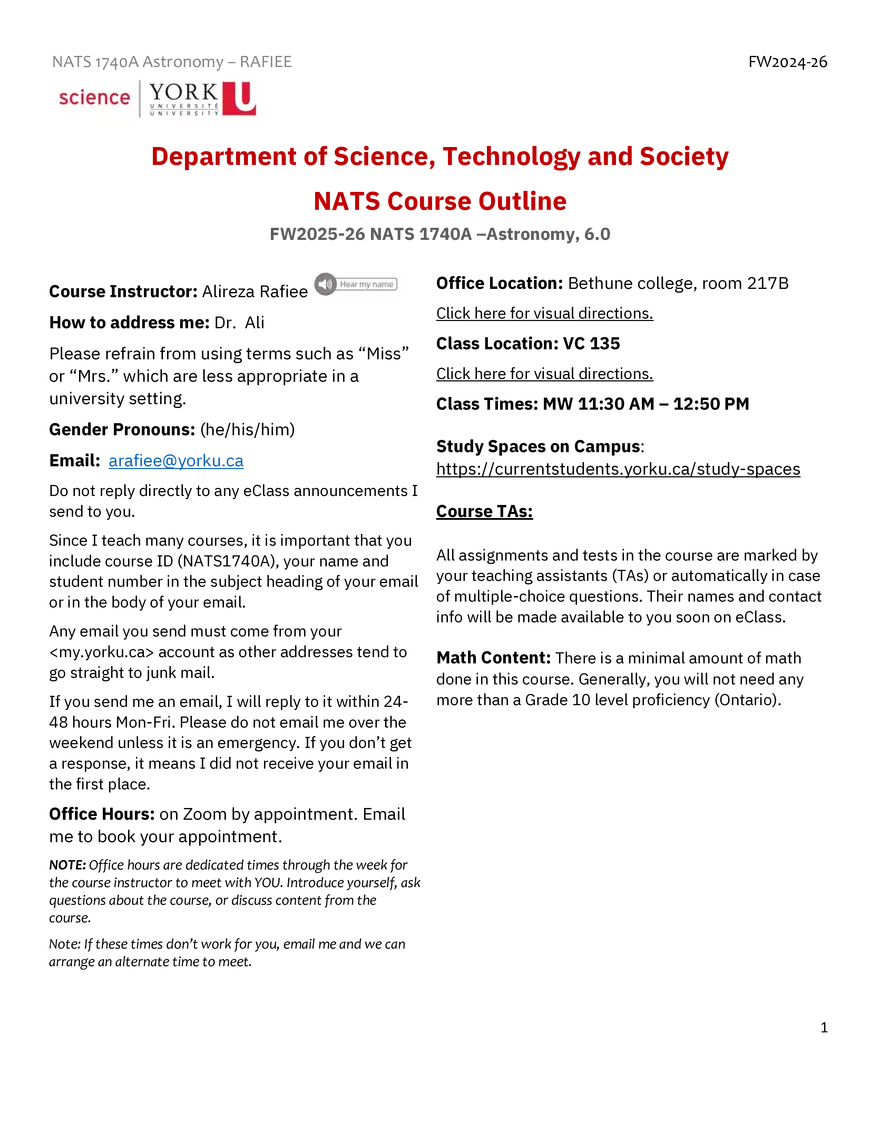 NATS 1740 Astronomy Syllabus - Page 1