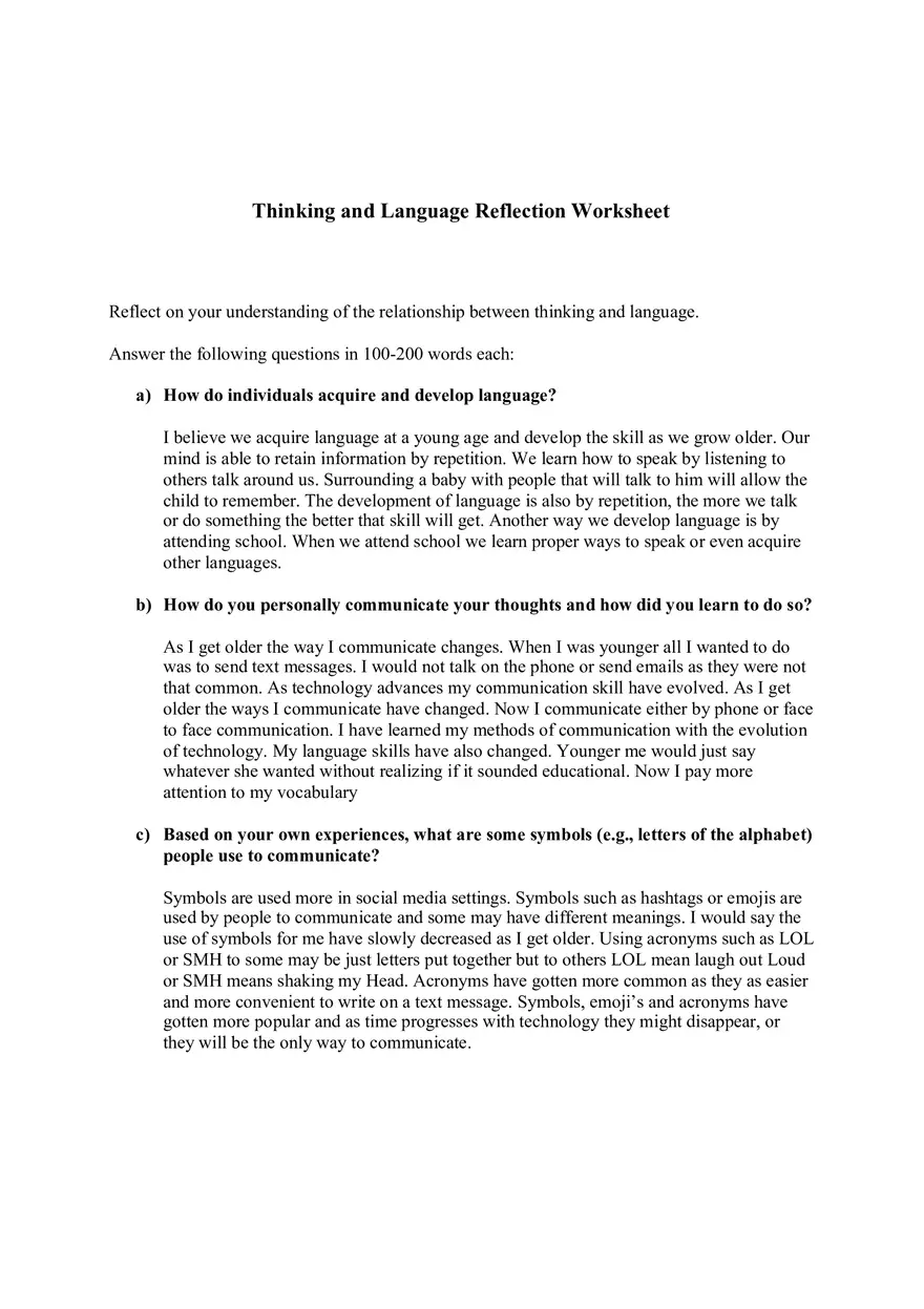 Thinking and Language Reflection Worksheet - Page 1