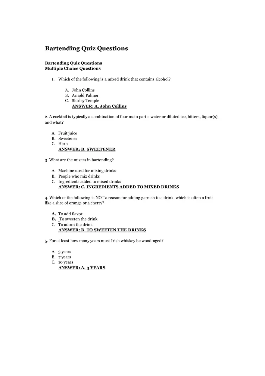 Bartending Question and Answer Quiz - Page 1