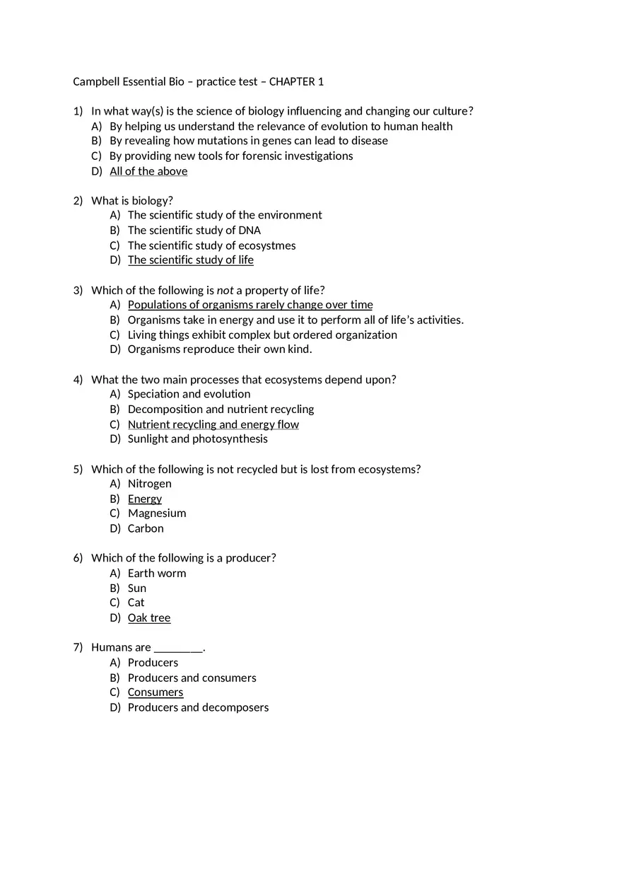 Campbell Essential Bio Test with Answers 1 - Page 1
