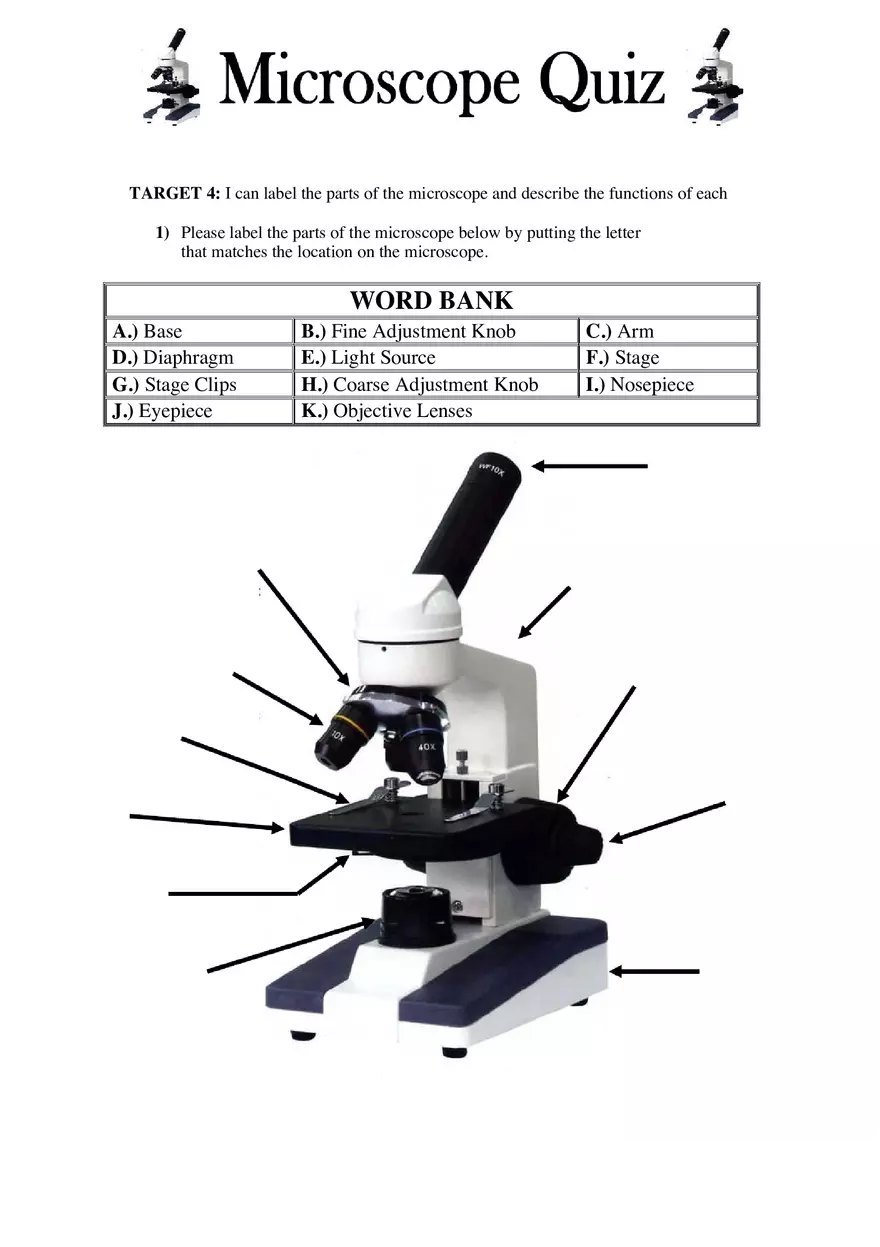 Parts of the Microscope Quiz Lesson 2 - Page 1