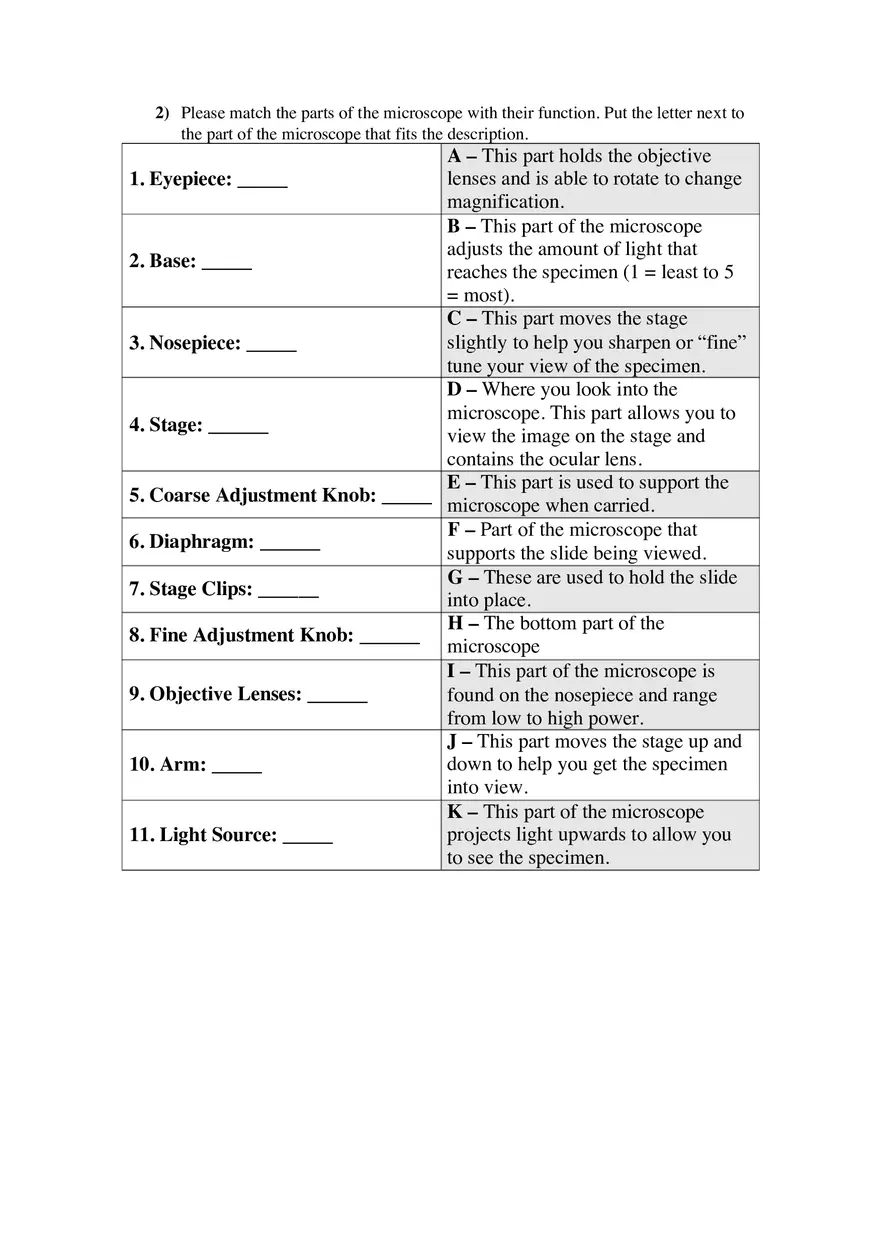 Parts of the Microscope Quiz Lesson 2 - Page 2