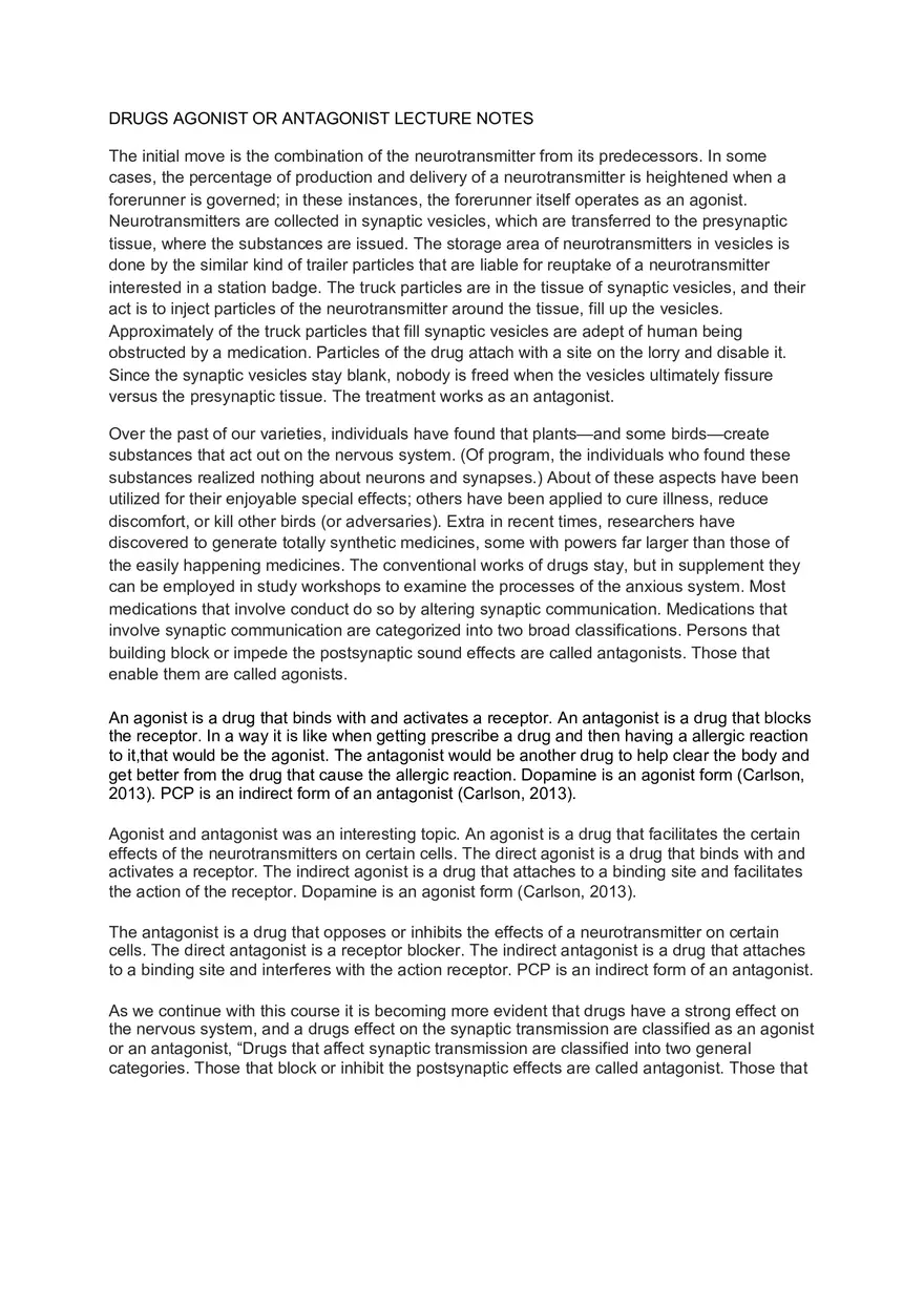 Drugs Agonist Or Antagonist Lecture Notes - Page 1