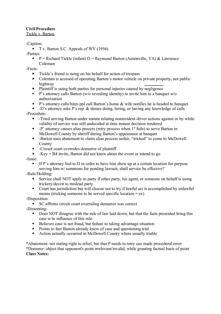 Civil Procedure - Tickle v. Barton - Page 1