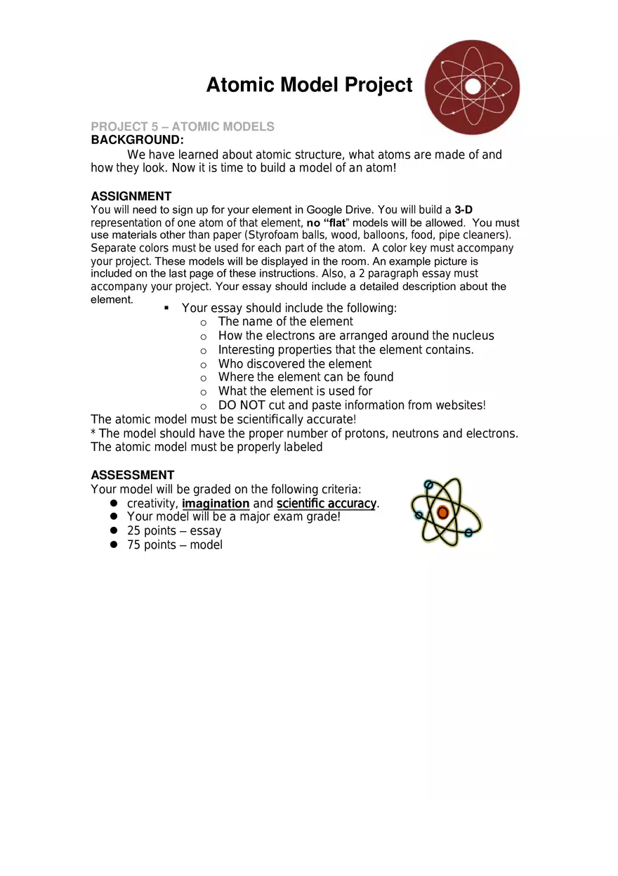 Atomic Model Project for Extra Credit - Page 1