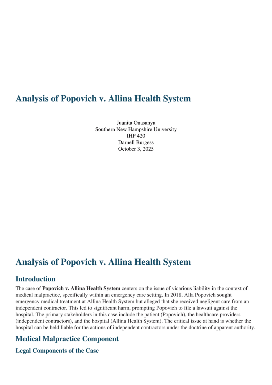 Analysis of Popovich v. Allina Health System - Page 1
