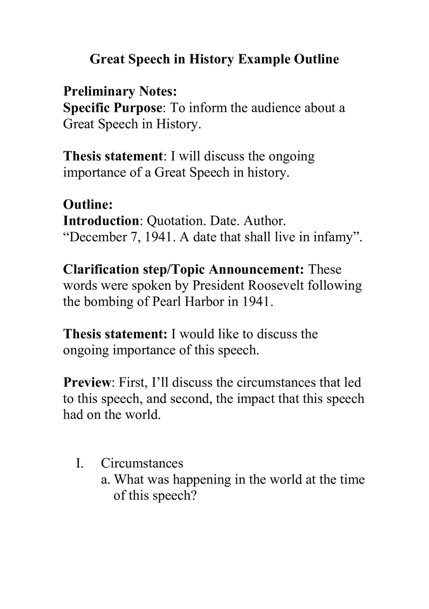 Great Speech in History Example Outline - Page 1