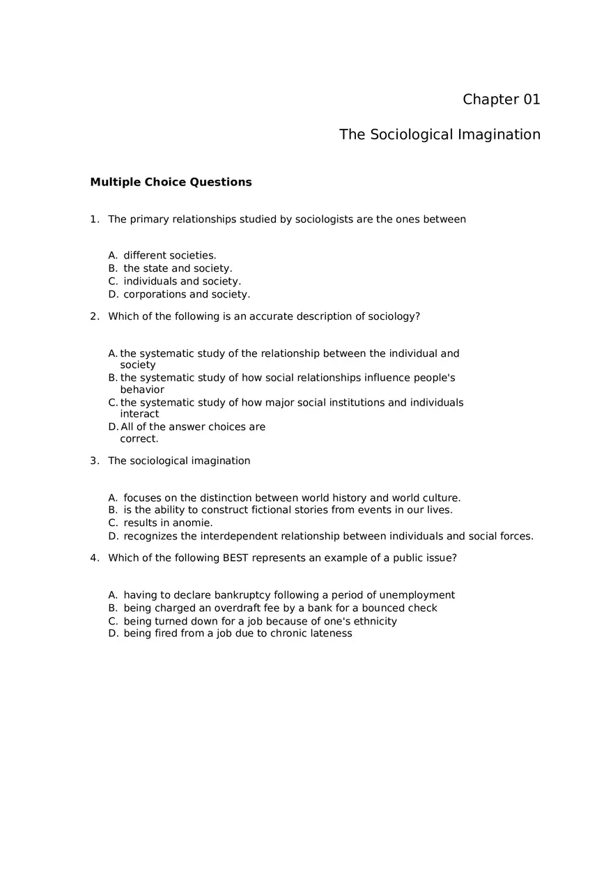Chapter 01 The Sociological Imagination Answer Key Part 1 - Page 1