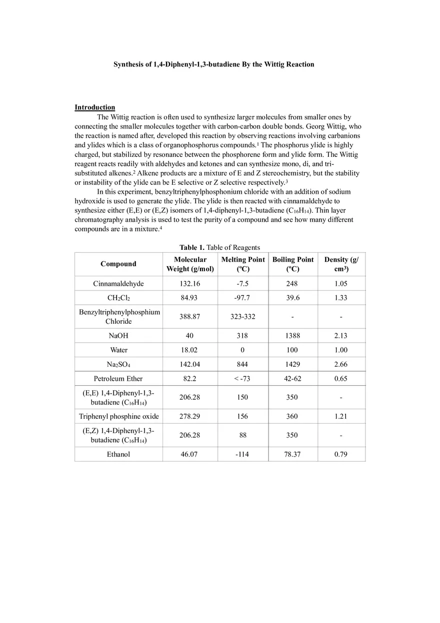 Lab Report - Synthesis Of 1,4-Diphenyl-1,3-Butadiene - Page 1