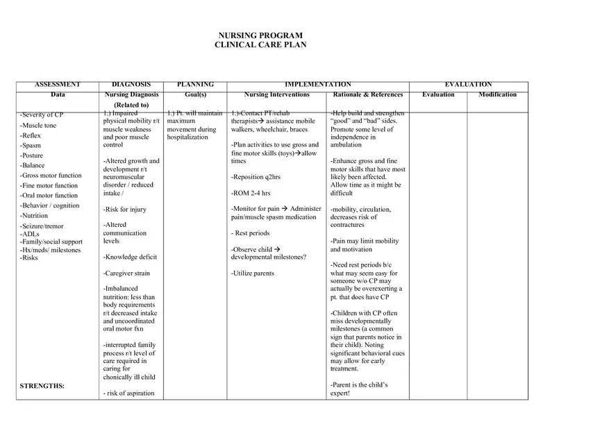 Cerebral Palsy Care Plan - Page 1