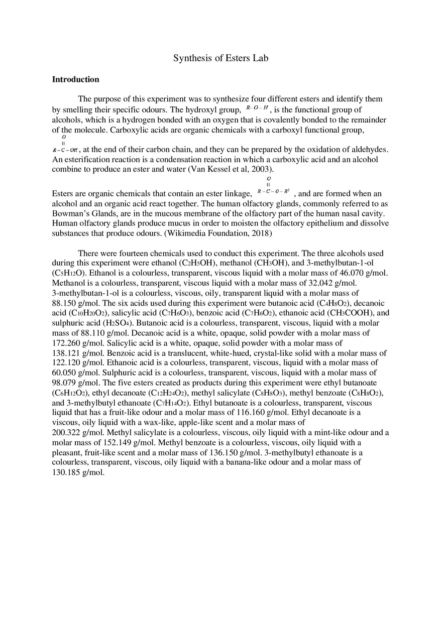 Synthesis of Esters Lab Report - Page 1