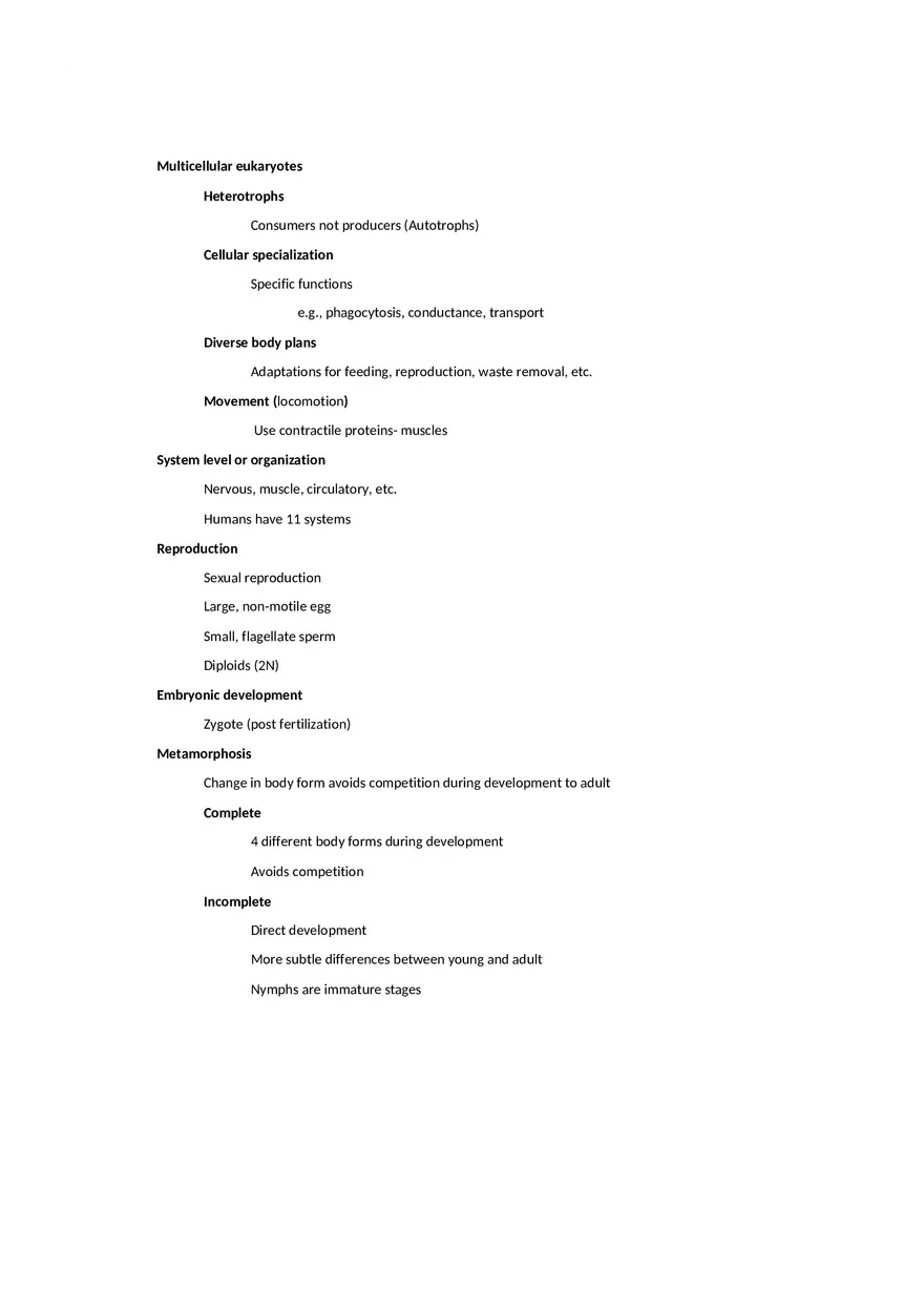 Multicellular Eukaryotes Notes From Slides - Page 1