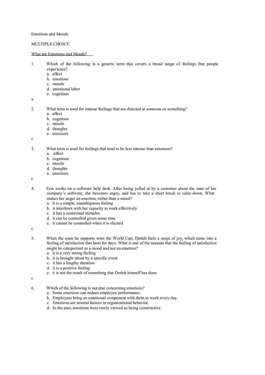 Emotions and Moods Answer Key - Page 1