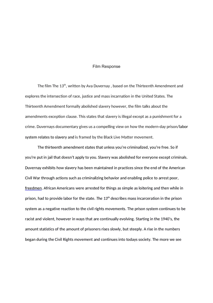 The 13th Film Response Essay - Page 1