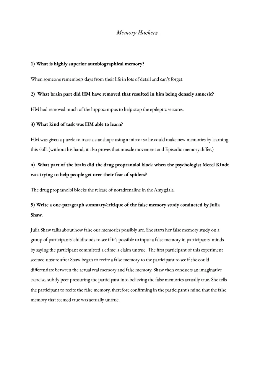 Memory Hackers Answers - Page 1