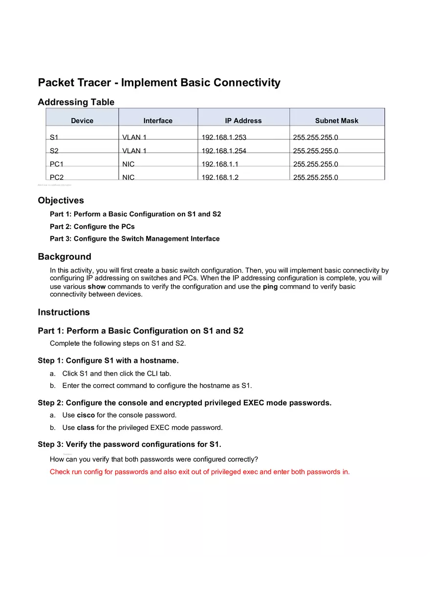 Packet Tracer - Implement Basic Connectivity - Page 1