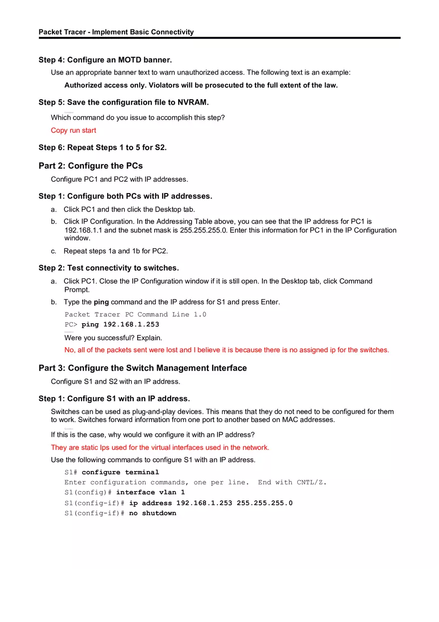 Packet Tracer - Implement Basic Connectivity - Page 2