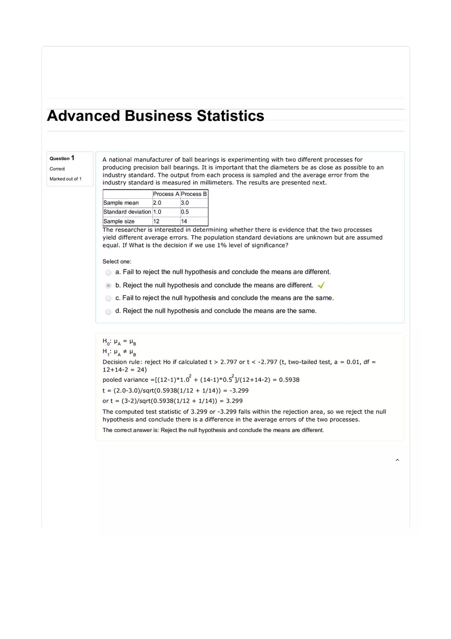 Advanced Business Statistics Assortment of Questions with Answers - Page 1