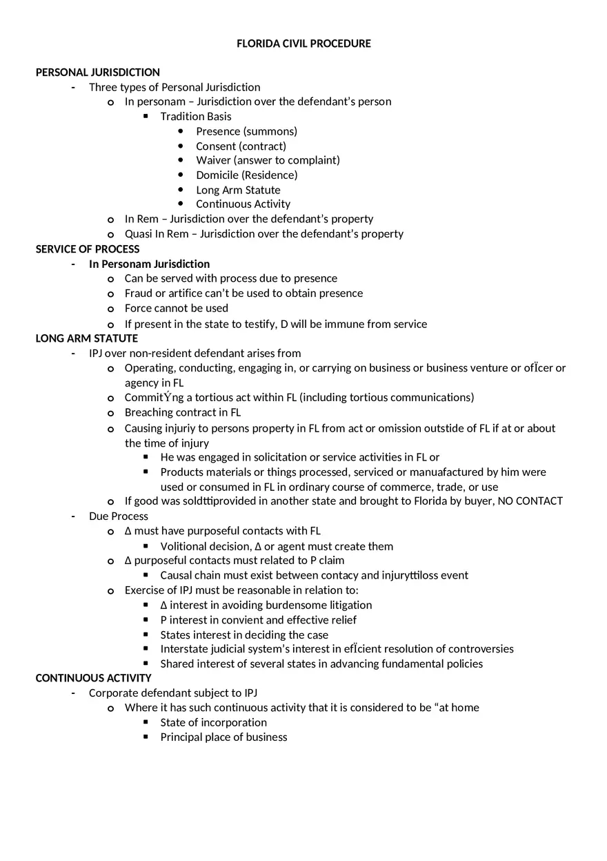 Florida Civil Procedure Finals Outline - Page 1