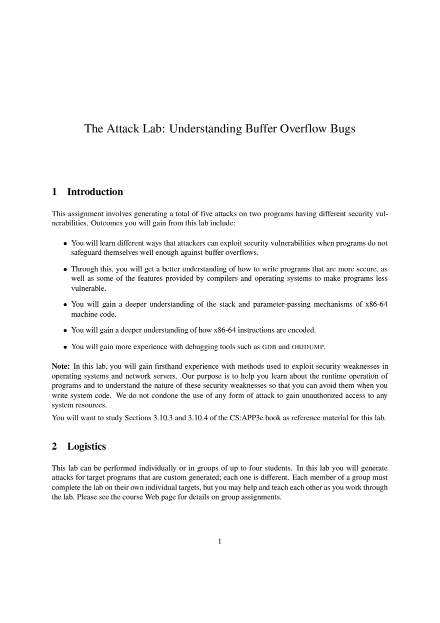 The Attack Lab Understanding Buffer Overflow Bugs - Page 1