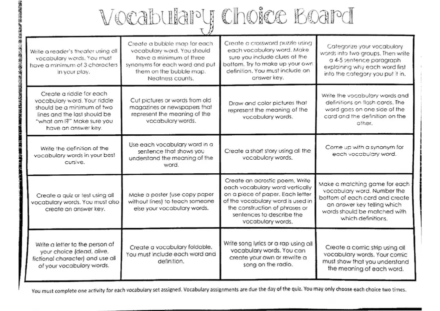 Vocabulary Choice Board - Page 1