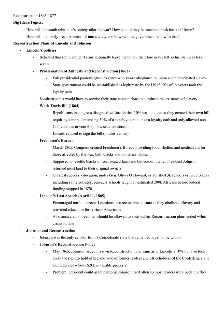 Reconstruction 1863-1877 Notes - Page 1