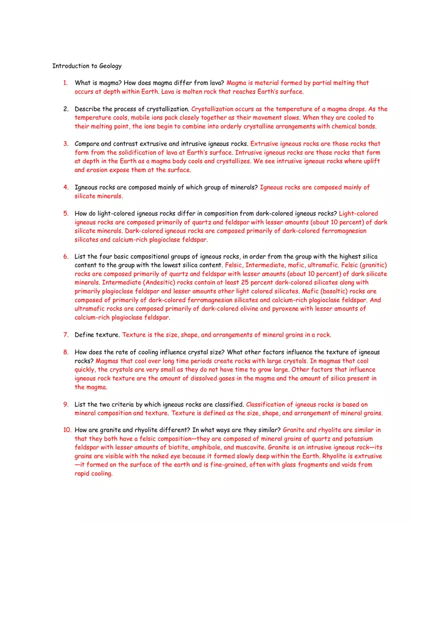 Assignment Igneous Rock Questions with Answers - Page 1