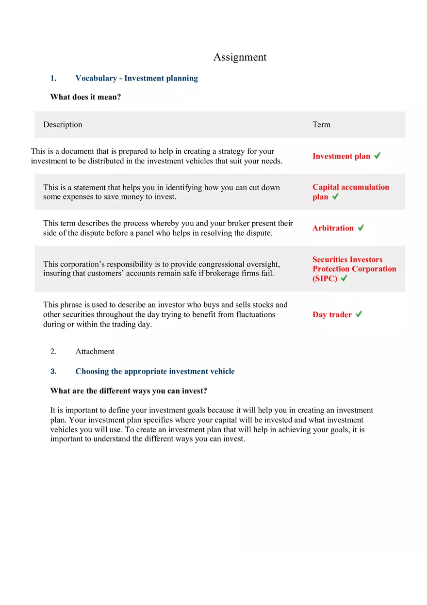 Vocabulary - Investment Planning Assignment - Page 1