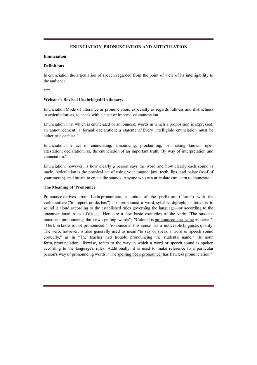 Define Enunciation, Articulation and Pronounciation in Rhetoric - Page 1