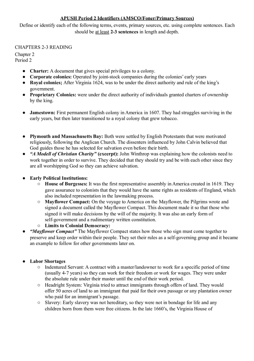 Colonial Period To 1865 Vocabulary - Page 1