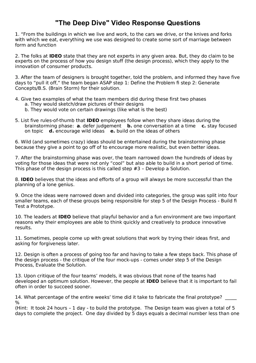 The Deep Dive Video Response Questions - Page 1
