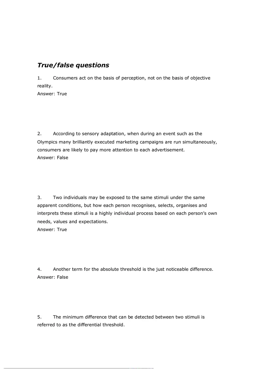 Consumer Perception Chapter 5 Answer Key (T or F) - Page 1