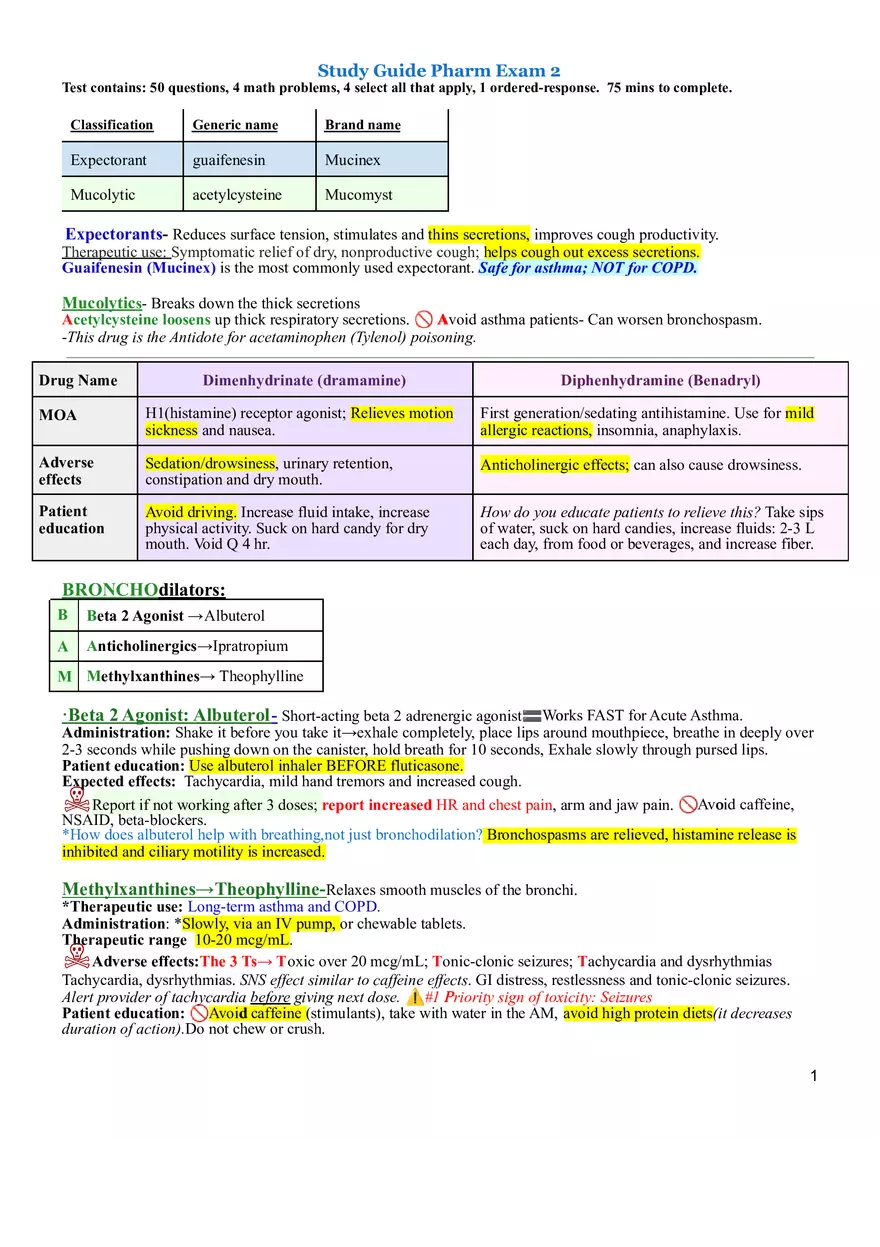 Pharmacology Exam 2-2 - Study Guide - Page 1