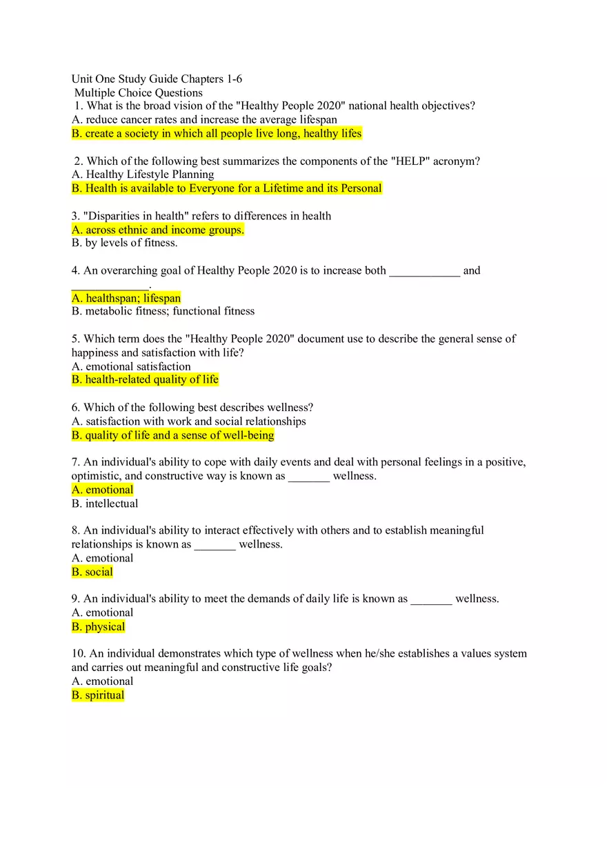 Health and Wellness Study Guide Chapters 1- 6 - Page 1