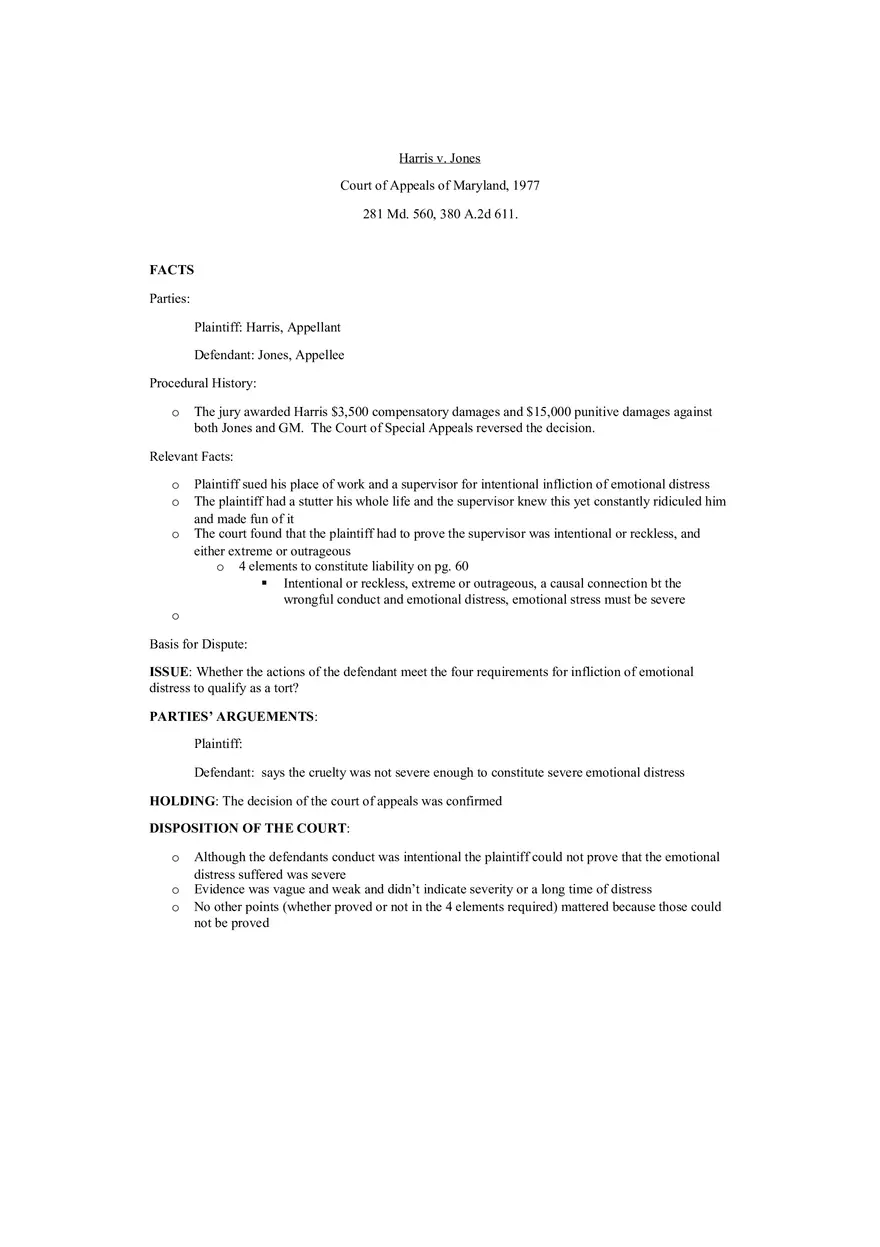 Harris Case Brief (Intentional Emotional Distress) - Page 1