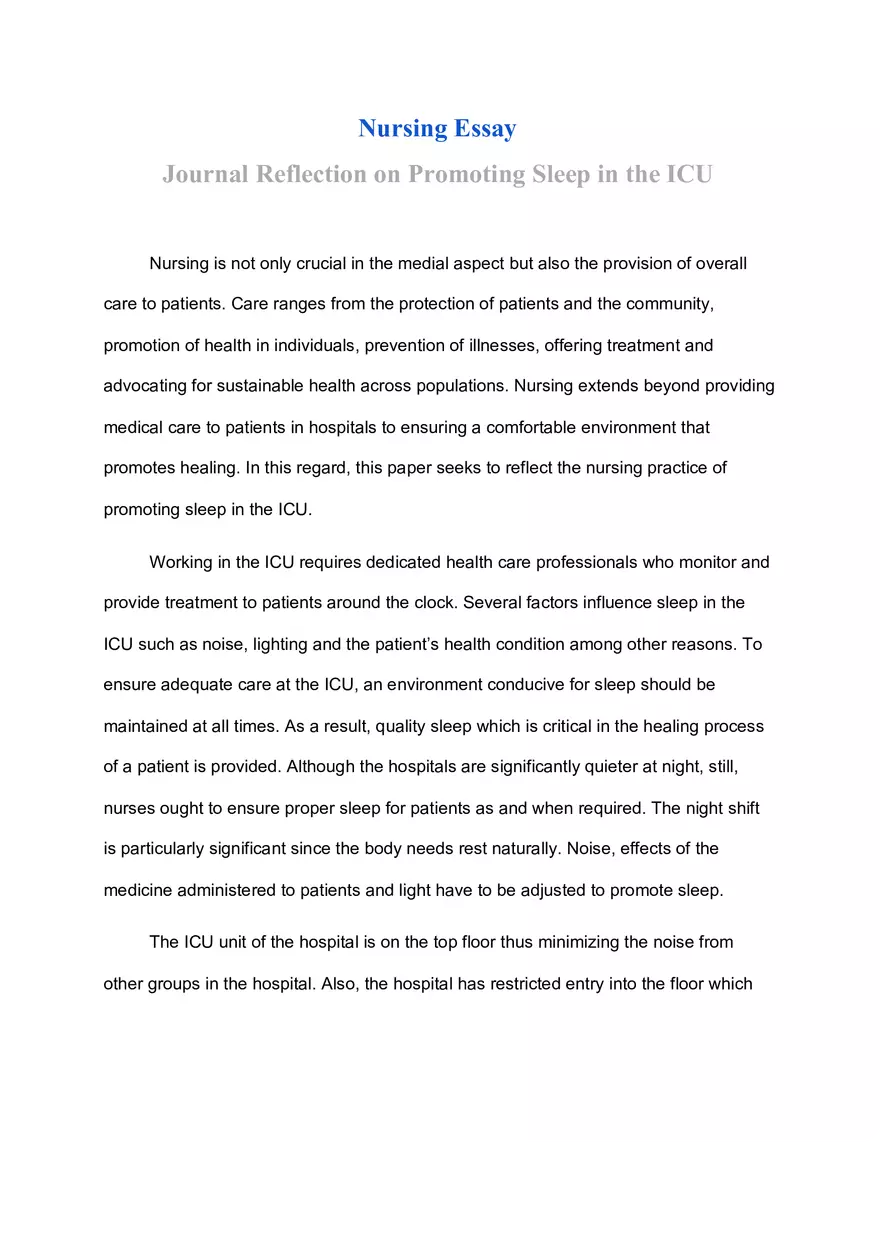 Journal Reflection on Promoting Sleep in the ICU - Page 1