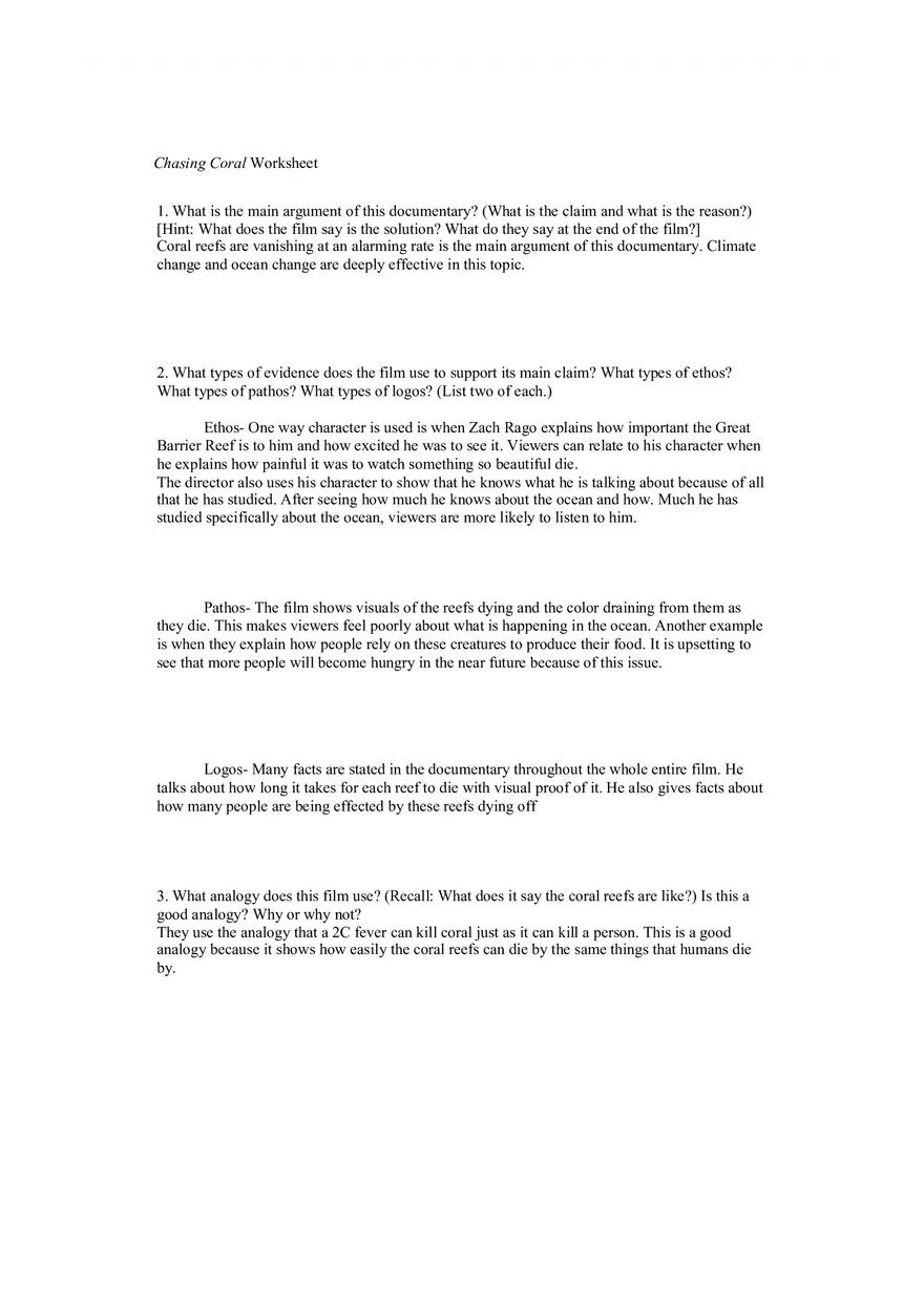 Chasing Coral Worksheet - Page 1