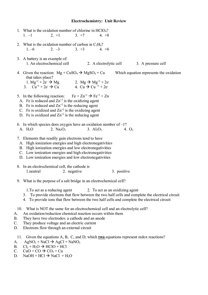Electrochemistry Unit Review - Answer Key - Page 1