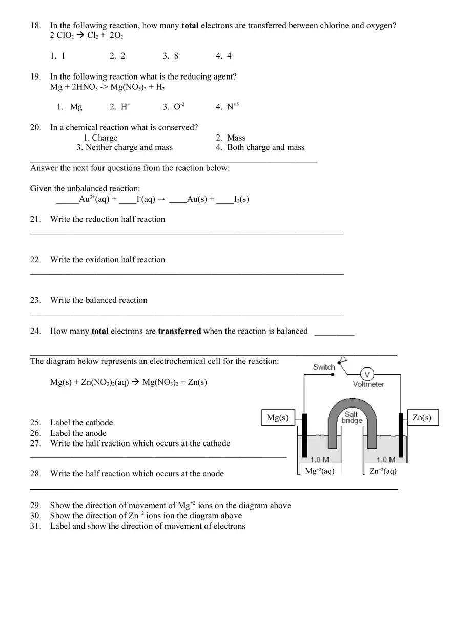 Electrochemistry Unit Review - Answer Key - Page 3