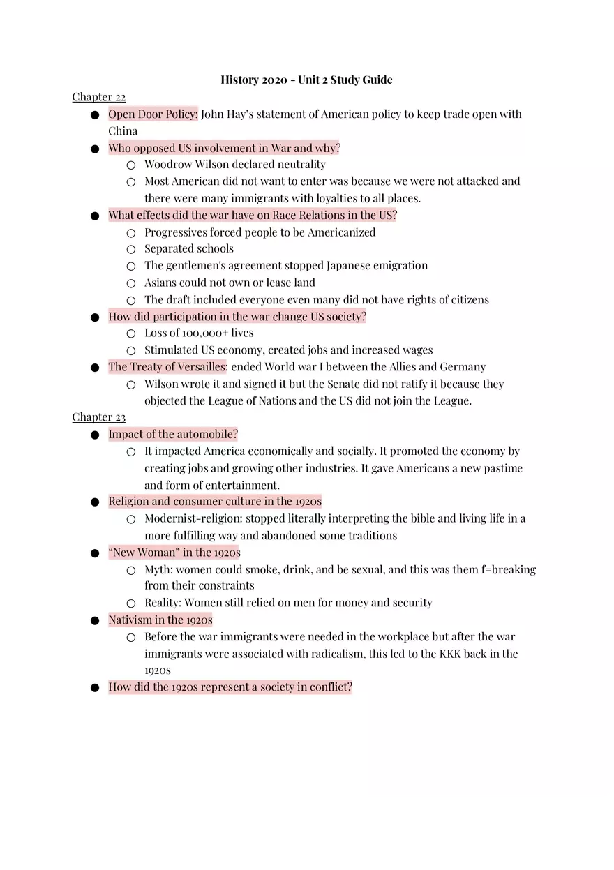 History 2020 - Unit 2 Study Guide - Page 1