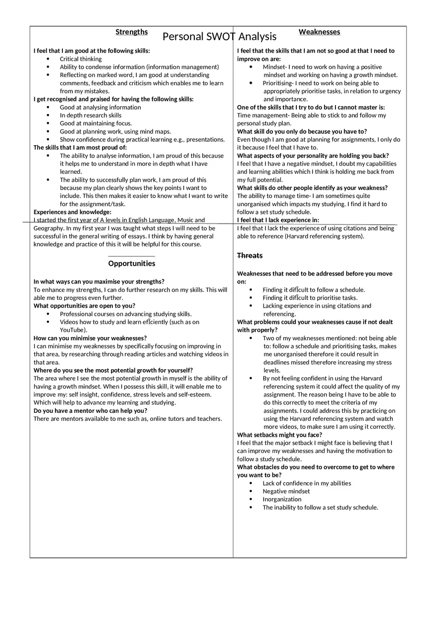 Personal SWOT Analysis - Page 1